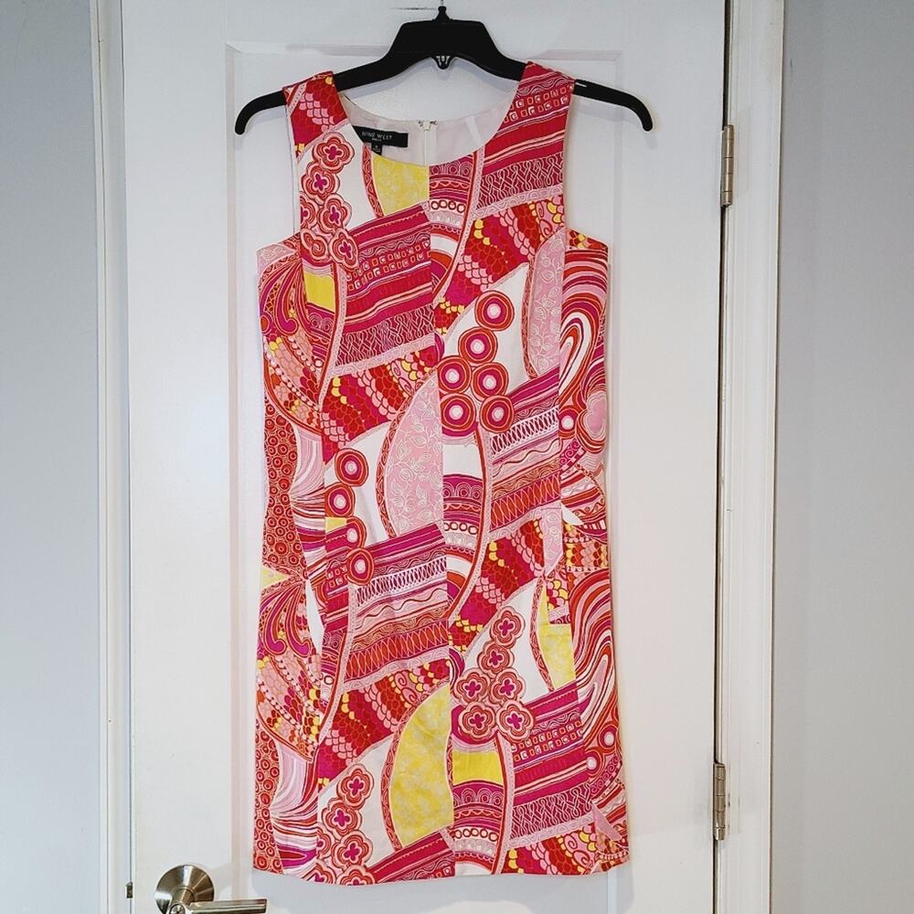 Nine West Retro Abstract Print Sheath Dress Pink Yellow Size 8